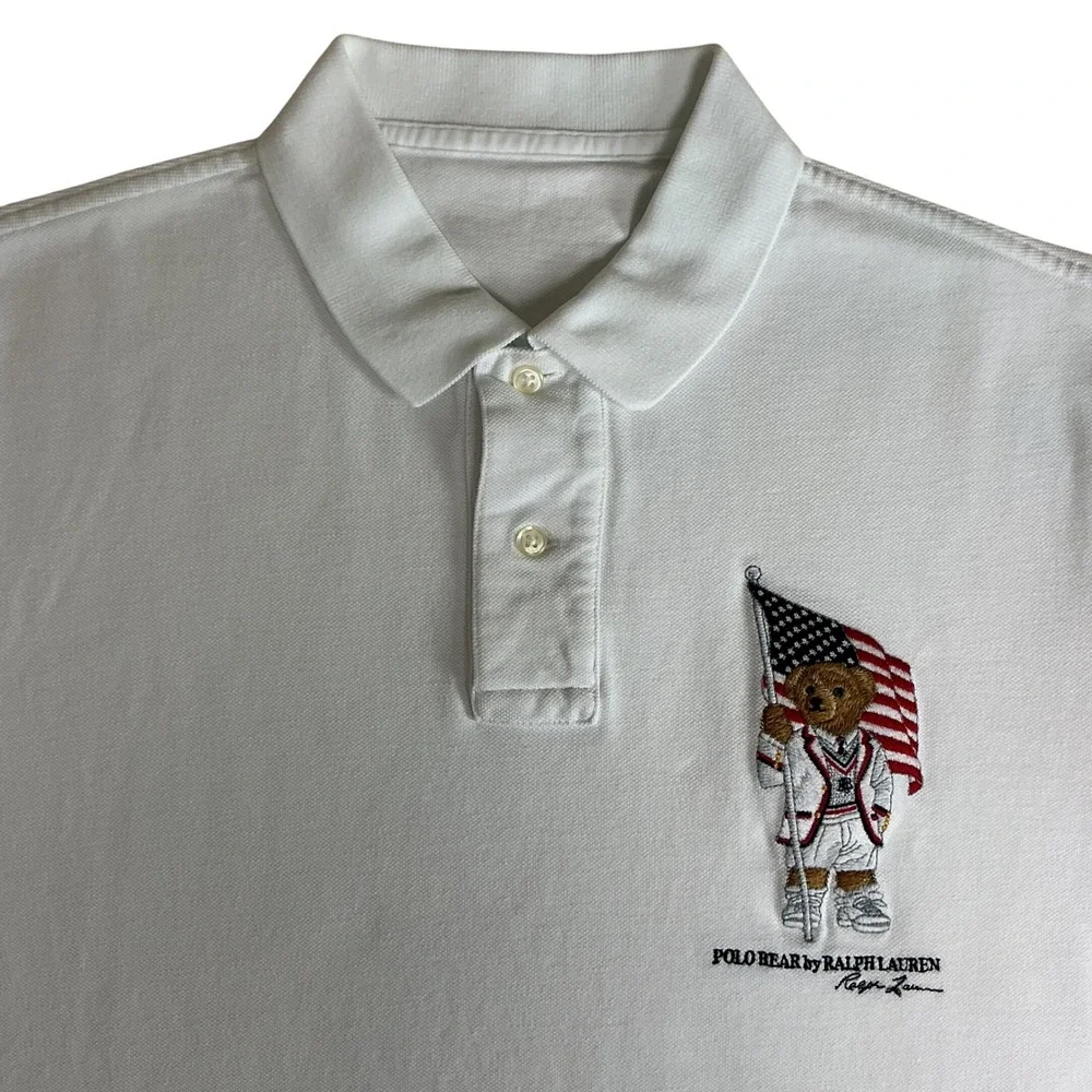 Polo Ralph Lauren Polo Shirt Men Medium White Polo Bear American Flag Flagbearer